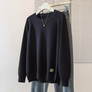 大码圆领插肩长袖毛衣针织打底衫女秋冬胖mm显瘦保暖内搭遮肚上衣
