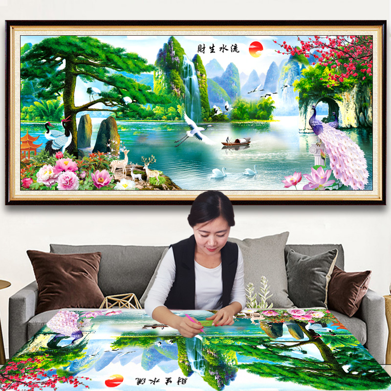 钻石画2025年新款流水生财山水风景画客厅迎客松5d满钻贴钻十字绣