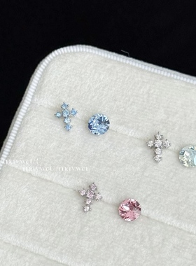 Maywct 爆闪十字架华子施华洛百搭钛钢平底耳钉耳骨叠戴双耳洞