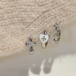 Maywct 白色爱心十字架甜酷百搭双耳洞耳圈钛钢耳扣耳饰直针养耳