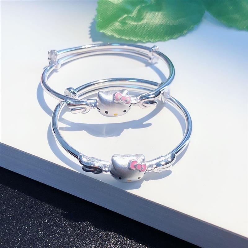 kitty猫手镯999纯银正品天使凯蒂猫足银儿童手环实心推拉生日礼物