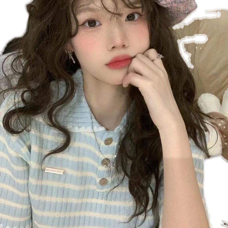 小香风冰淇淋色奶系POLO领针织短袖女网红翻领显瘦辣妹短款上衣潮
