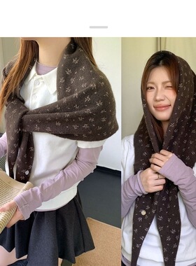 韩版小碎花雪花针织羊毛三角巾女秋冬新保暖百搭披肩休闲护颈围脖