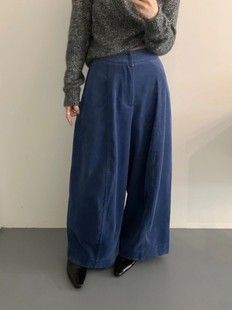 子 女宽松休闲九分裤 秋冬韩版 beauty纯色蓝色灯芯绒磨毛薄绒阔腿裤