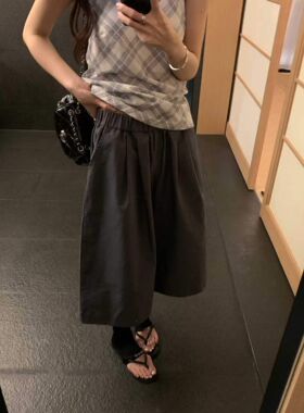 春夏韩版休闲百搭纯色灰色松紧腰宽松休闲工装裤七分裤中裤短裤子