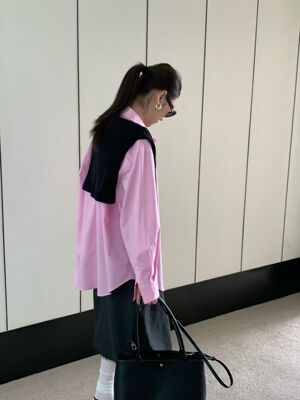 26早春新款韩版insist慵懒风廓形粉红色翻领衬衫宽松休闲舒适衬衣