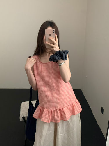 夏韩版SINGLE WELL粉色格纹荷叶边下摆麻料无袖甜美背心上衣小衫