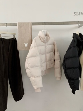 sliver家冬韩版mute浅粉色白鸭绒立领短款羽绒服面包服保暖外套