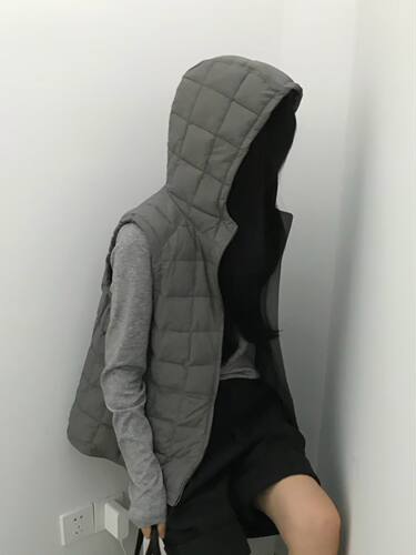 秋冬韩one mirror豆腐块格纹抽绳收腰连帽羽绒马甲女宽松休闲外套