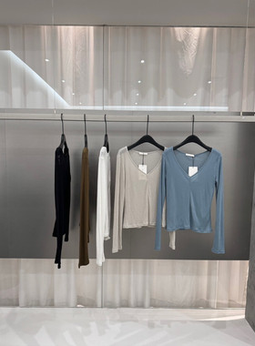 26年春款韩版INSIST简约V领修身蓝色长袖打底衫t恤含20%羊毛