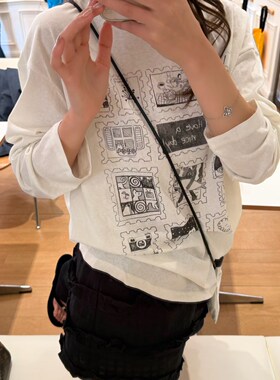 韩版ipeak减龄卡通图案印花圆领长袖T恤女宽松白色上衣TEE配小包