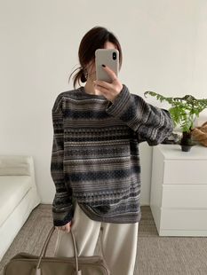 冬韩版 beauty复古费尔岛花色撞色条纹加厚磨毛t恤女宽松圆领上衣