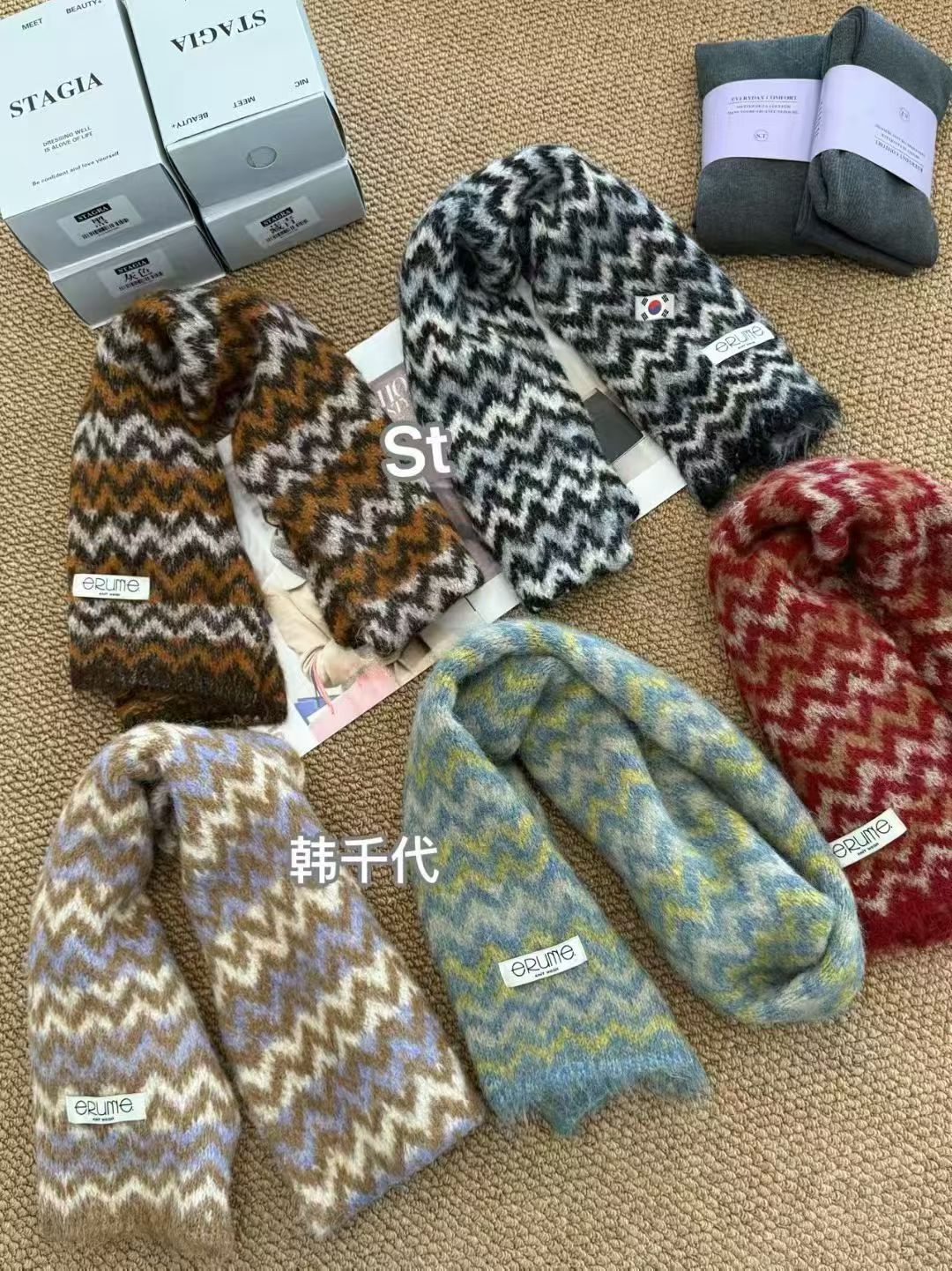 25秋冬韩复古ins波浪纹马海毛羊毛混纺小围巾女保暖软糯围脖披肩