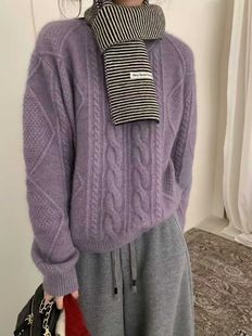 h复古羊毛羊绒紫色麻花编织休闲套头宽松针织衫 tea 毛衣 韩版 冬装