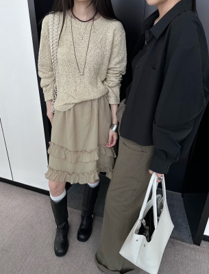26春韩版insist慵懒风宽松圆领定制面料米杏色毛衣女短针织衫上衣