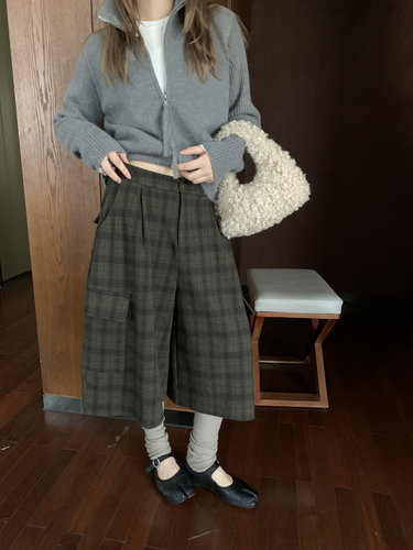 秋冬韩版HZH复古七分撞色格纹裤百搭休闲宽松小个子高腰阔腿裤子