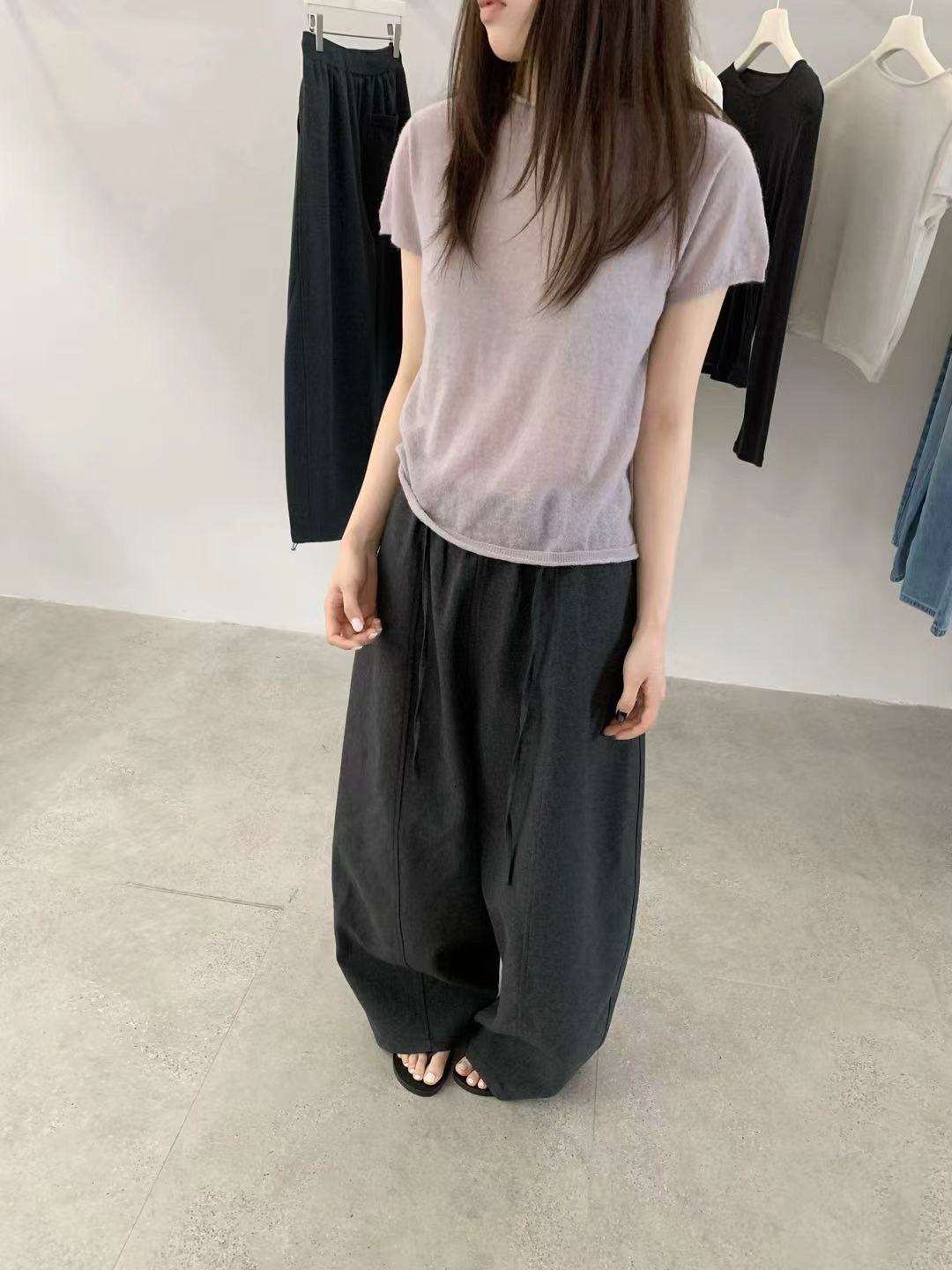 26秋韩版sliver韩系极简baby羊驼短袖卷边针织衫含38%羊毛女上衣图片