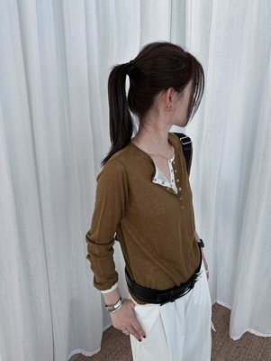 秋韩版insist假两件撞色拼接扣子套头31%细羊毛针织衫女咖色上衣