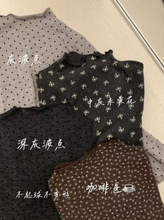 长袖 弹力打底衫 TEE uupost复古咖啡色碎花波点花边领修身 秋冬韩版