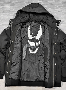 大码胸围136CM男士连帽黑色棉衣漫威毒液印花加厚丝绵拉链夹克