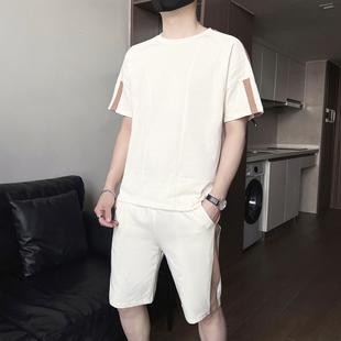 男士运动套装夏季短袖短裤全纯棉精神小伙一整套高档休闲t恤圆领