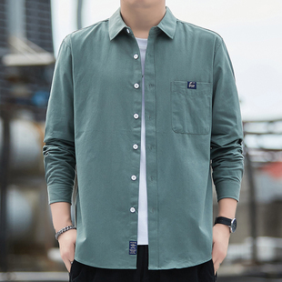 衬衫外套男2026新款秋季纯棉称休闲正肩设计感有口袋上豆绿色衬衣