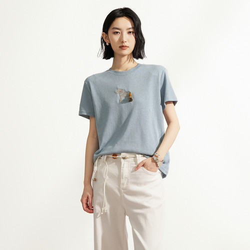 XG雪歌小马刺绣短袖T恤女立体流苏装饰休闲百搭上衣XM201623A827