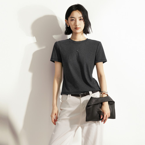 XG雪歌灰色圆领短袖T恤女2026夏新款正肩显瘦上衣XM201526A884