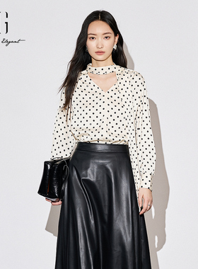XG雪歌25秋气质飘带显瘦V领通勤复古波点衬衫女长袖XK321011B692