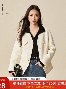 xg雪歌2024冬新款100%绵羊毛呢大衣女百搭V领外套XJ410065A191