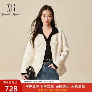 xg雪歌2024冬新款100%绵羊毛呢大衣女百搭V领外套XJ410065A191