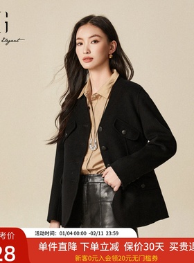 xg雪歌2024冬新款100%绵羊毛呢大衣女百搭V领外套XJ410050A190