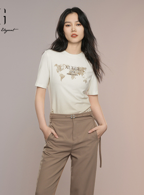 XG雪歌简约圆领印花T恤女夏2025新款正肩短袖上衣XK301005A191