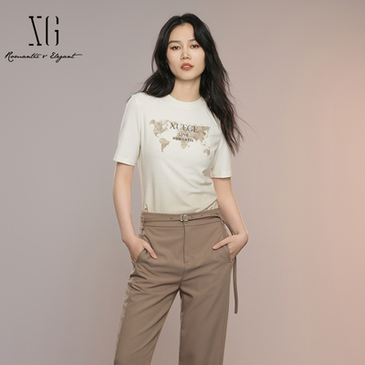 XG雪歌简约圆领印花T恤女夏2025新款正肩短袖上衣XK301005A191