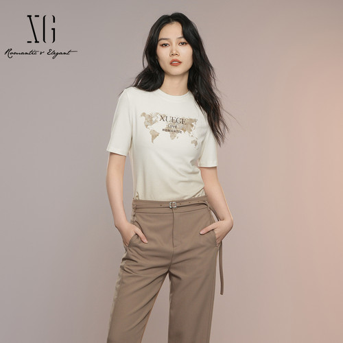 XG雪歌简约圆领印花T恤女夏2025新款正肩短袖上衣XK301005A191