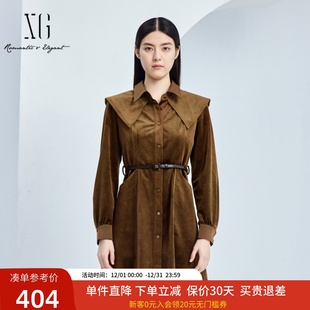 裙XJ304002A572 灯芯绒衬衫 xg雪歌复古大翻领长袖 连衣裙女2024秋款