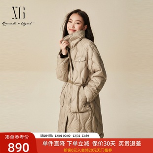 xg雪歌休闲翻领韩系中长款 鹅绒外套XJ406070A273 羽绒服女2024冬款