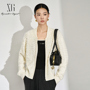 xg雪歌白色棒球领针织开衫女2024冬新款休闲毛衫上衣XK411527A891