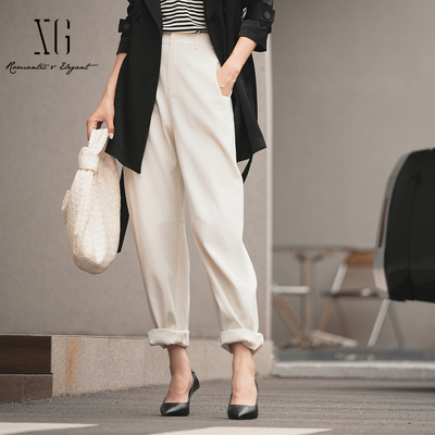 XG雪歌简约大气白色直筒休闲裤女2025秋新款百搭长裤XK302035A991