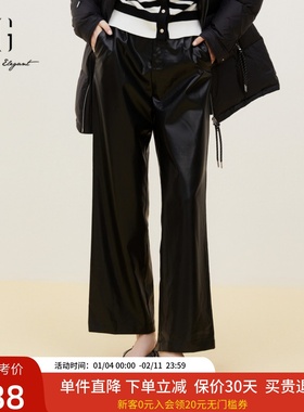 xg雪歌2024秋装新款极简酷飒PU皮裤高腰显瘦阔腿裤女XK302712A890