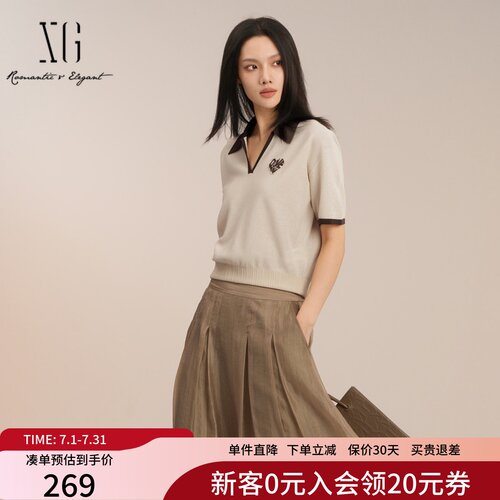XG雪歌简约拼色V领显瘦短袖针织衫上衣女2025夏新款XK211020A291