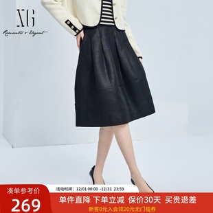 xg雪歌赫本风优雅黑色遮肉半身裙女24秋款 气质中长裙XJ303022A690