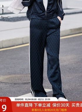 XG雪歌深蓝色印花休闲裤2025春季新款条纹直筒裤女XK102018A425