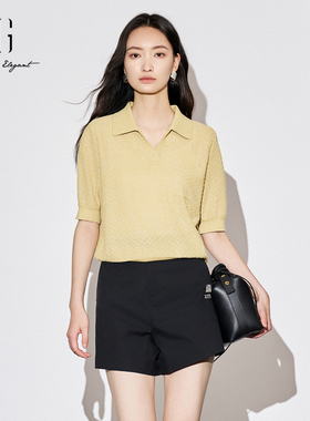 XG雪歌25秋小香风菱格提花简约百搭短袖Polo针织衫女XK311018A242