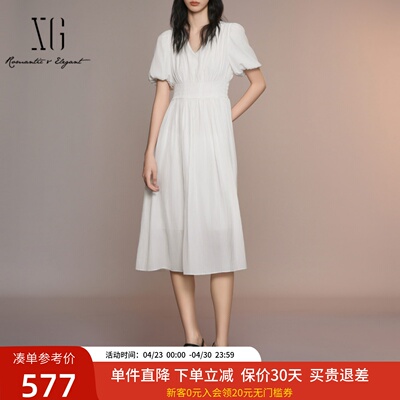 XG雪歌小众设计法式收腰连衣裙女25夏V领短袖连衣裙XK204034A551