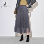 XG雪歌2025秋显瘦A版 半身裙百搭法式 赫本风百褶长裙XK303016A481