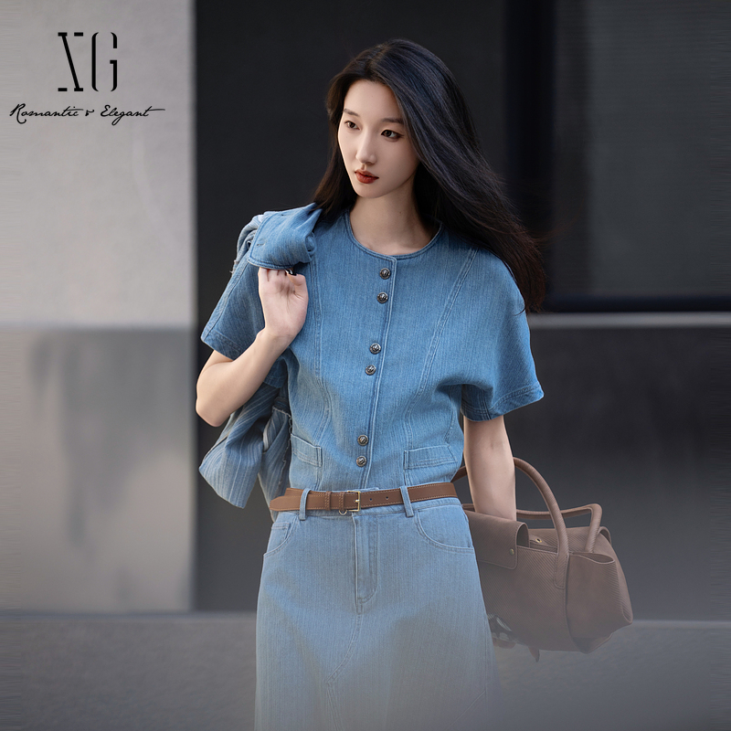 XG雪歌2025秋新款棉感百搭率性丹宁风短袖外套女上衣XK307031A919