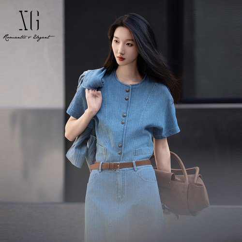 XG雪歌2025秋新款棉感百搭率性丹宁风短袖外套女上衣XK307031A919