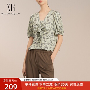 XK221032B294 小个子衬衫 XG雪歌气质印花V领短袖 衬衣女2025夏新款