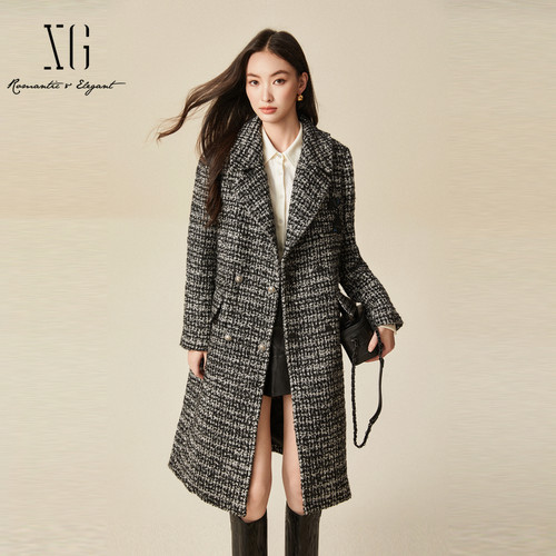 xg雪歌老钱风复古格纹呢大衣女24冬款中长款羊毛外套XJ410043B705